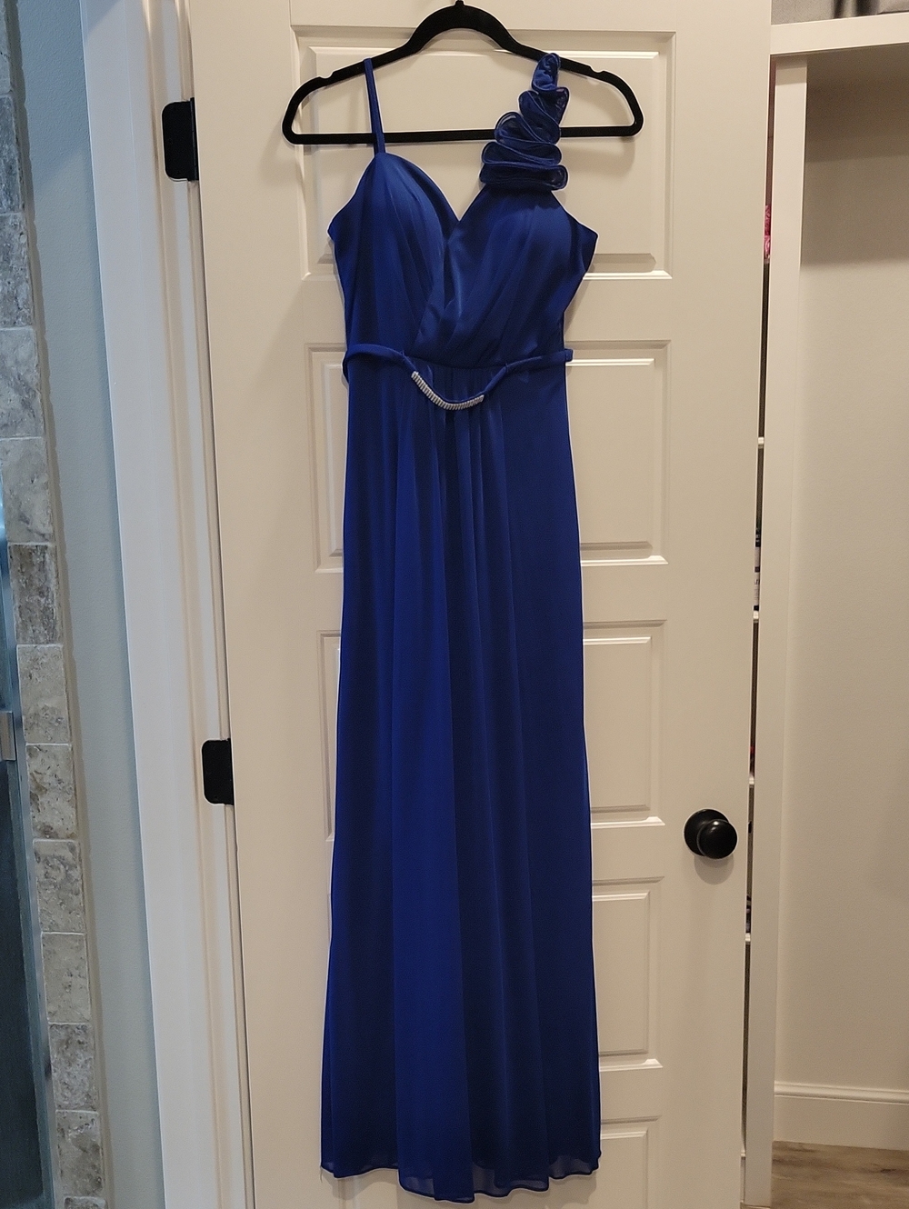 Dancing Queen One-Shoulder Royal Blue Evening Gown with Rosette Detail